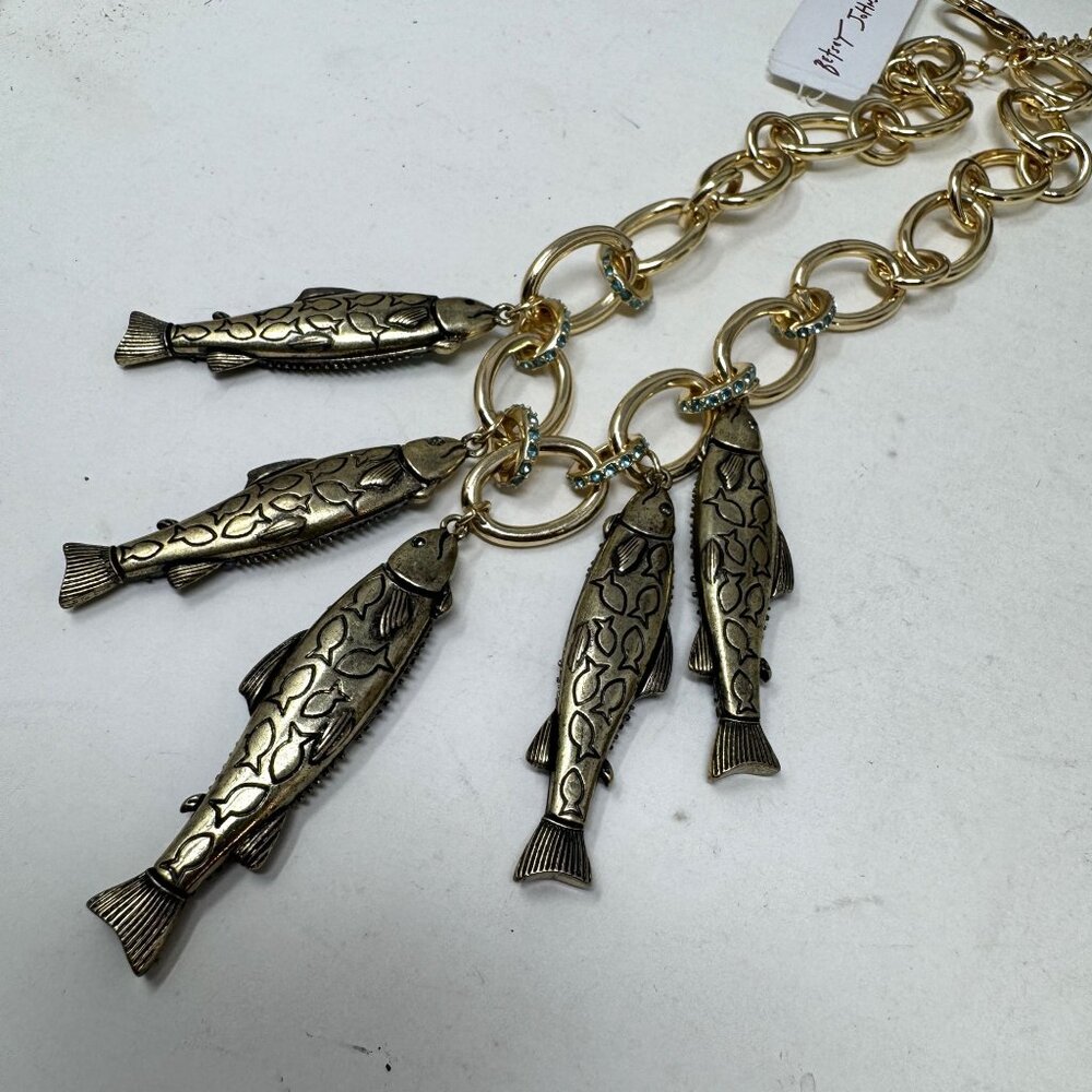 Betsey Johnson Fish Charm Rhinestone Necklace Goldtone Link - Picture 10 of 10